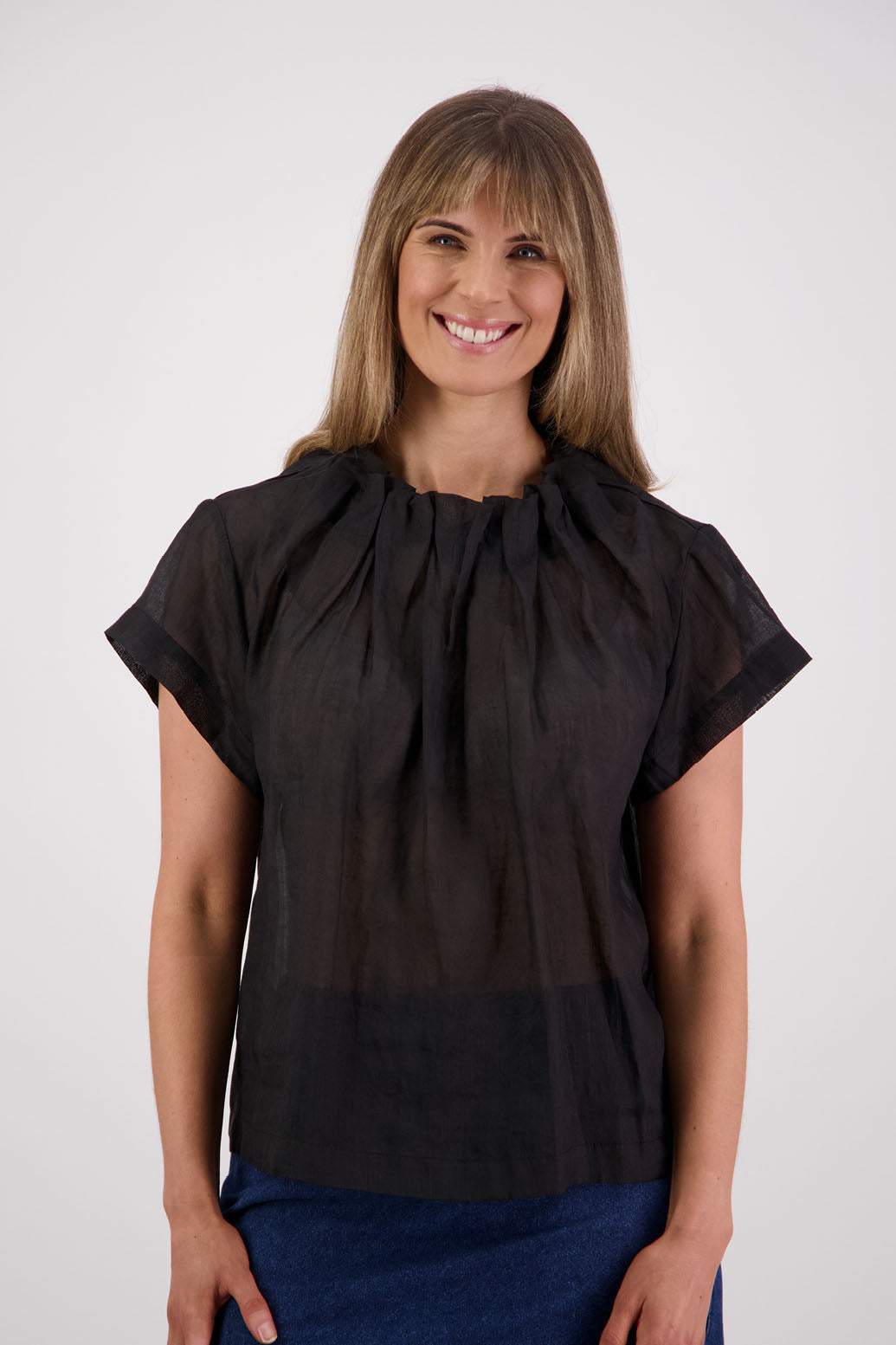 Briarwood NZ, Women's Short Sleeve Ramie Black Top with Pleated Neck