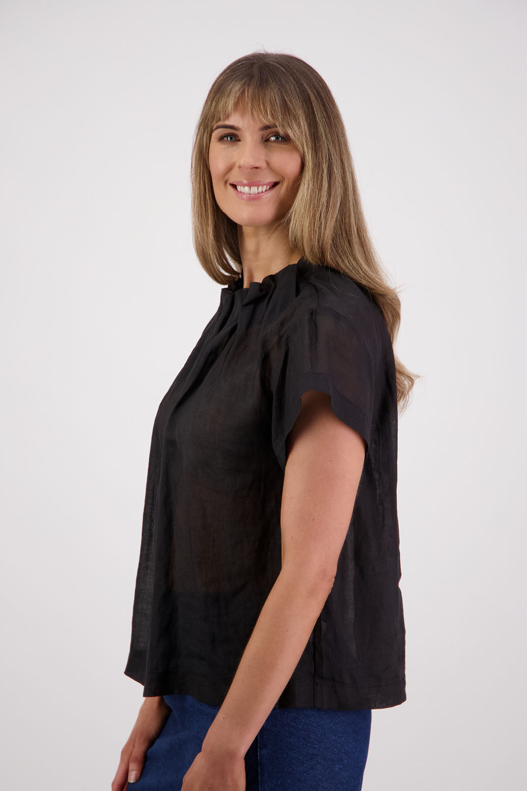 Briarwood NZ, Women's Short Sleeve Ramie Black Top with Pleated Neck