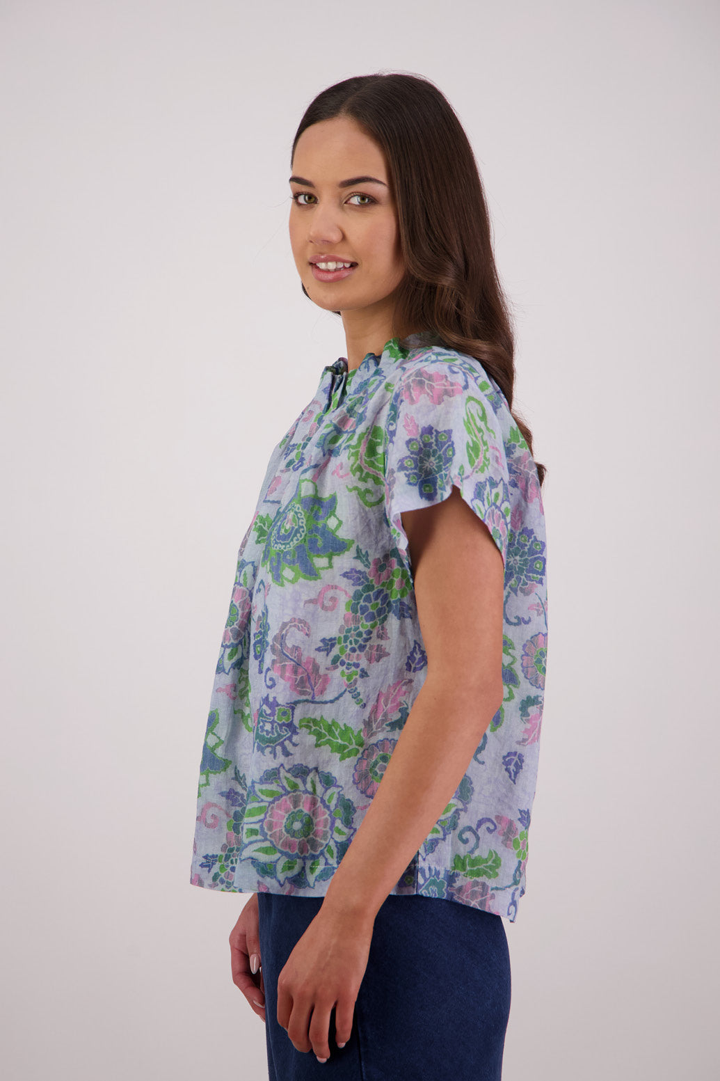 Side view of Briarwood Pia Top in Blue Floral print.
