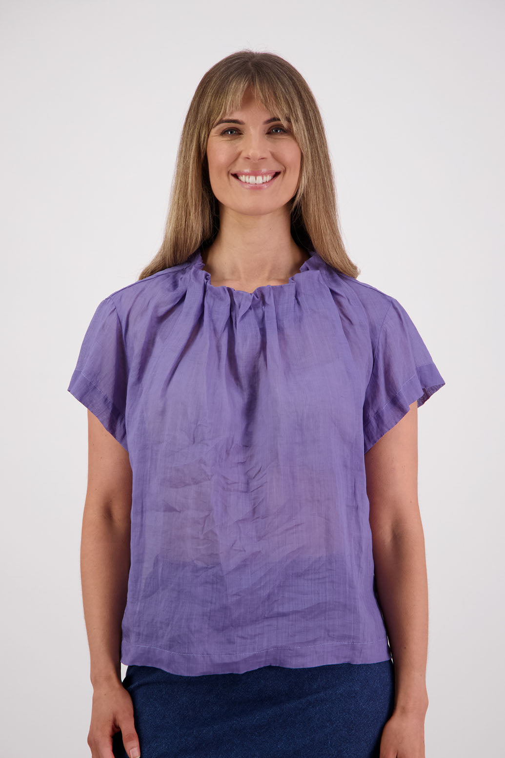 Briarwood NZ, Women's Short Sleeve Ramie Lavender Top with Pleated Neck