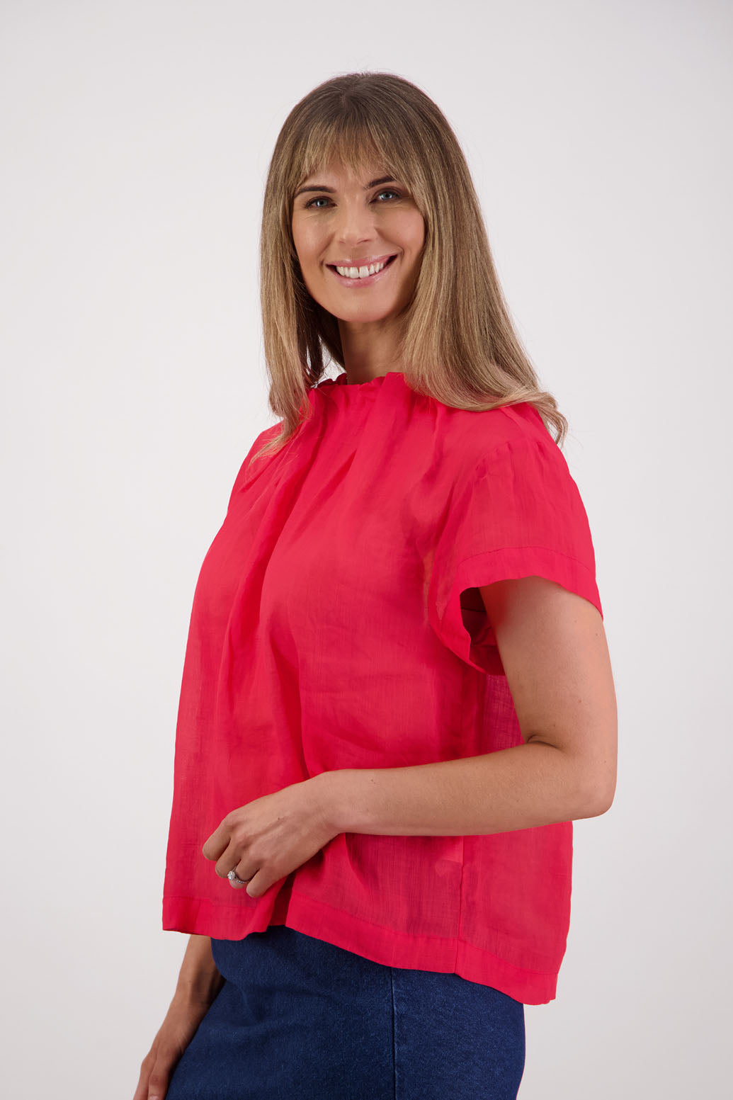 Briarwood NZ, Women's Short Sleeve Ramie Red Top with Pleated Neck -Pia