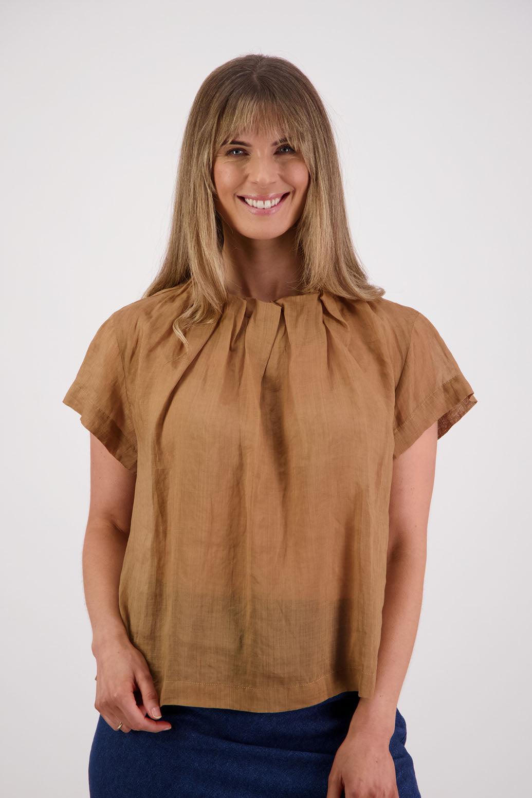 Briarwood NZ, Women's Short Sleeve Ramie Tan Top with Pleated Neck -Pia