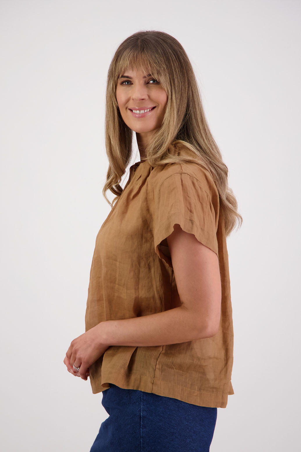 Briarwood NZ, Women's Short Sleeve Ramie Tan Top with Pleated Neck -Pia