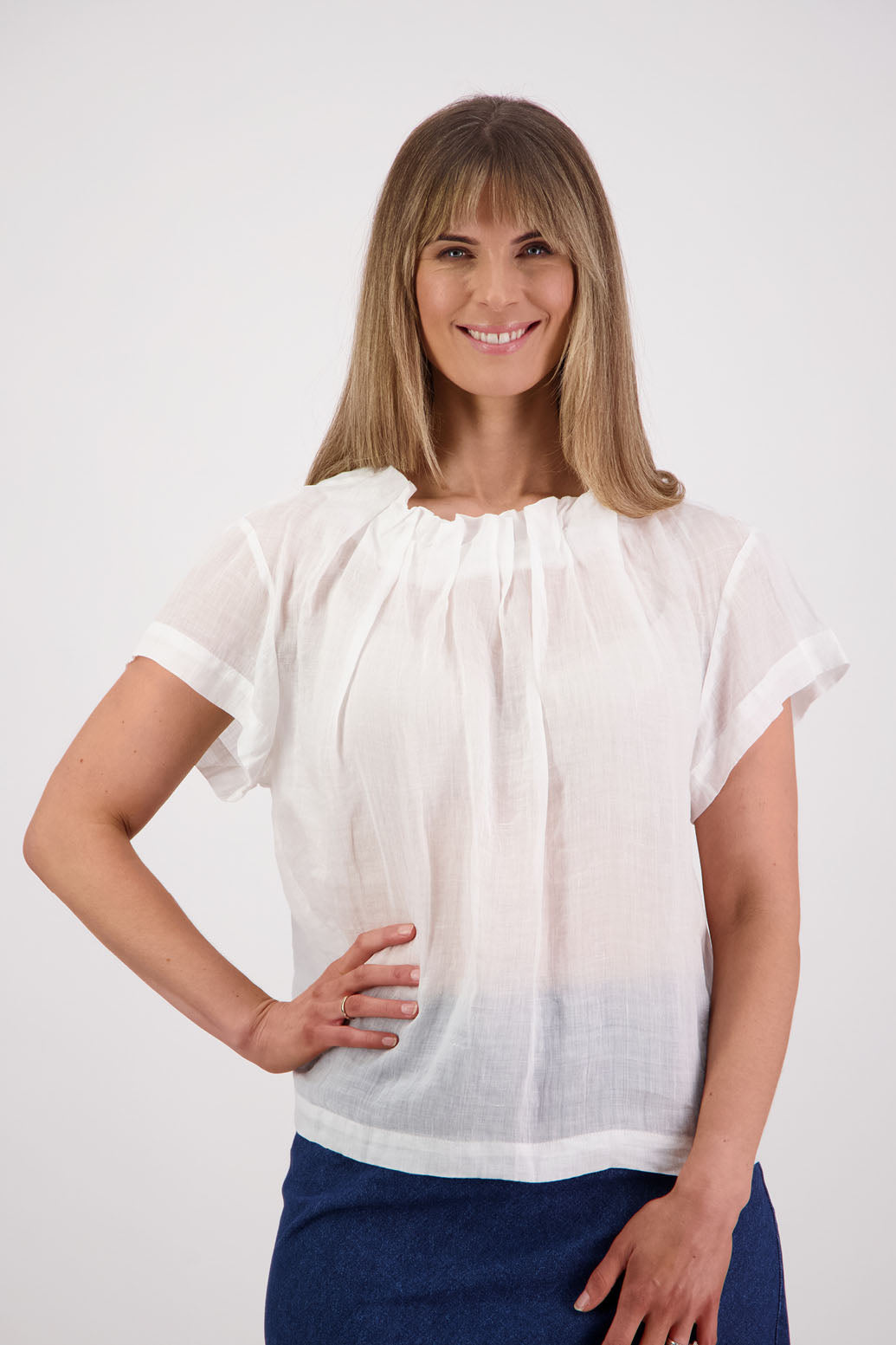 Briarwood NZ, Women's Short Sleeve Ramie White Top with Pleated Neck