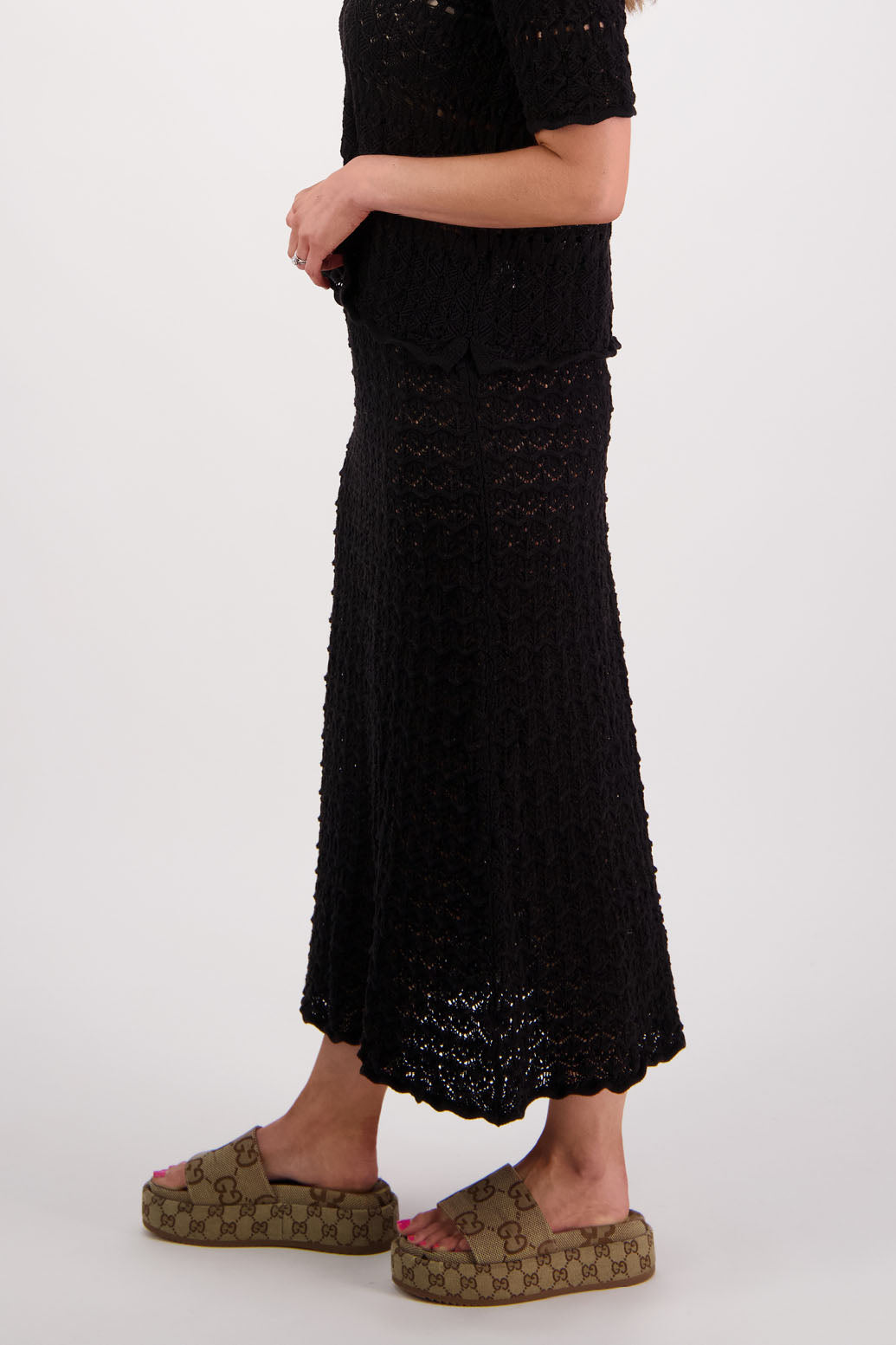 Womens cotton lace midi skirt. A Line with scalloped hem and elastic waist. Briarwood NZ. Pixie, Black