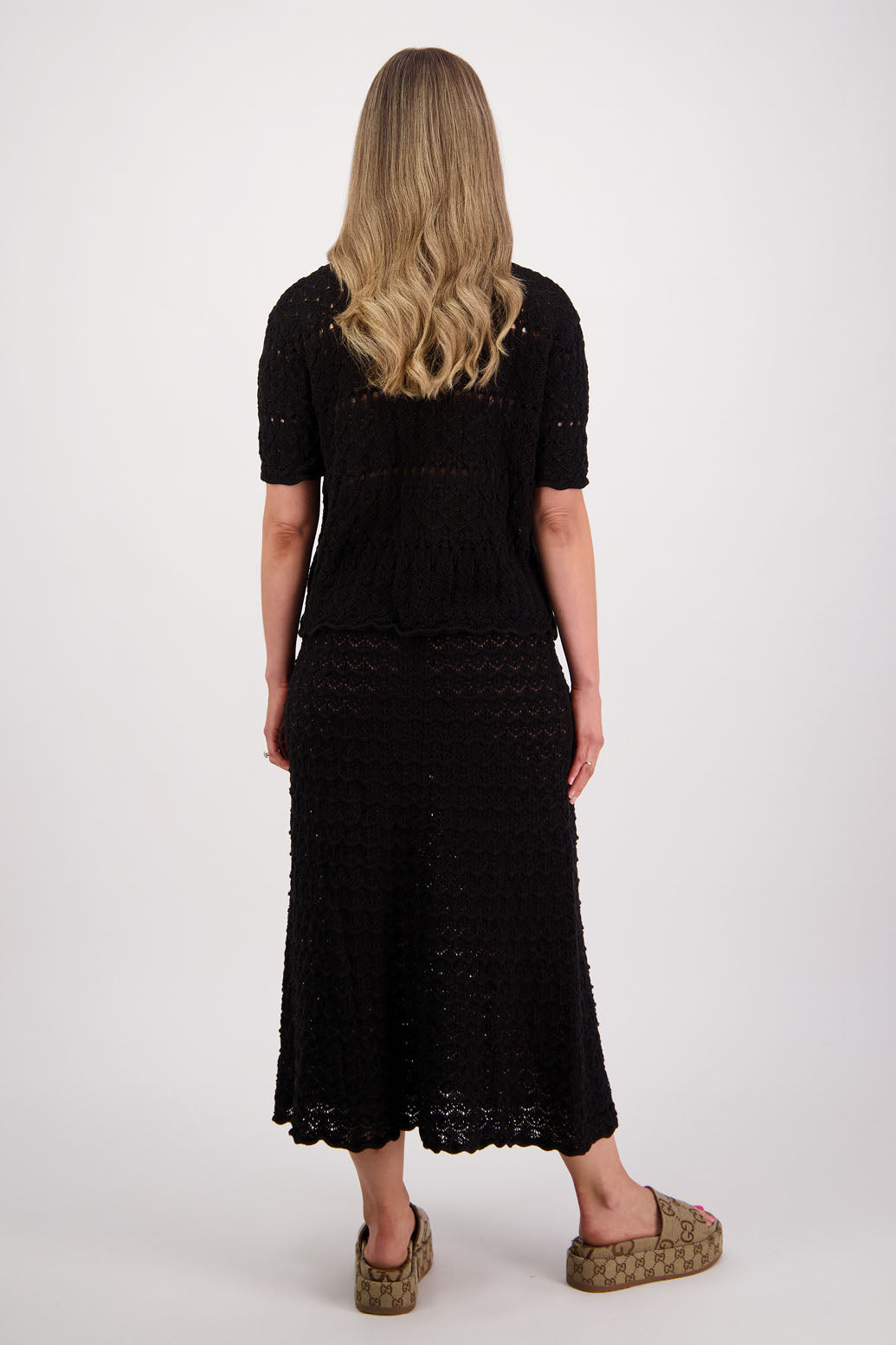 Womens cotton lace midi skirt. A Line with scalloped hem and elastic waist. Briarwood NZ. Pixie, Black