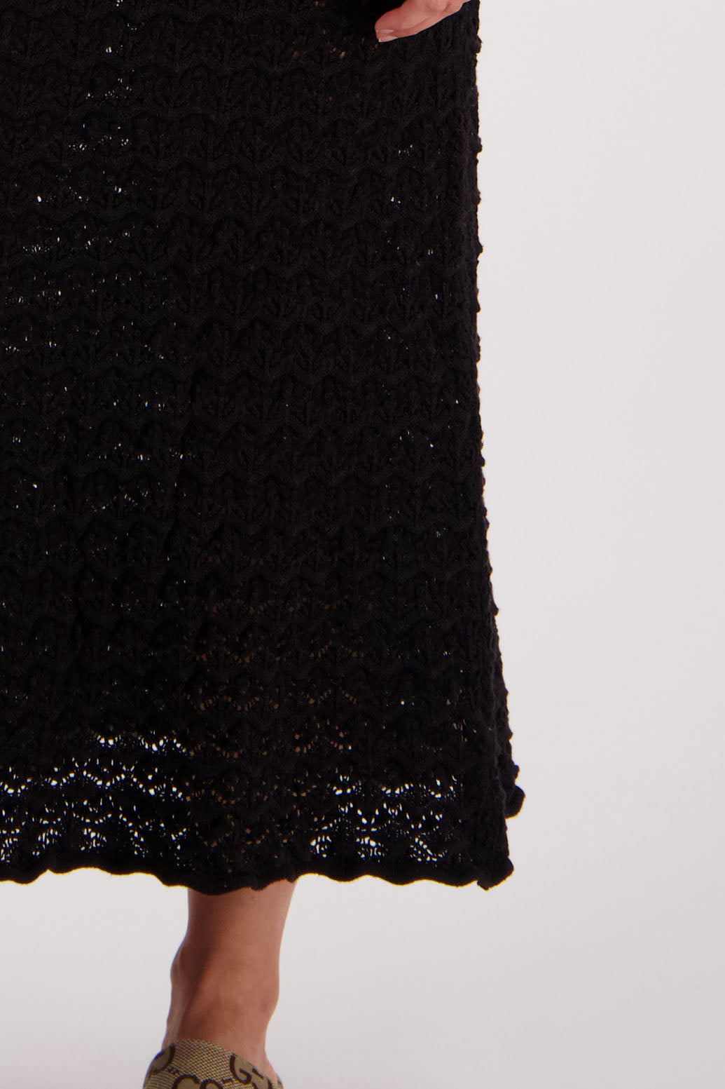 Womens cotton lace midi skirt. A Line with scalloped hem and elastic waist. Briarwood NZ. Pixie, Black