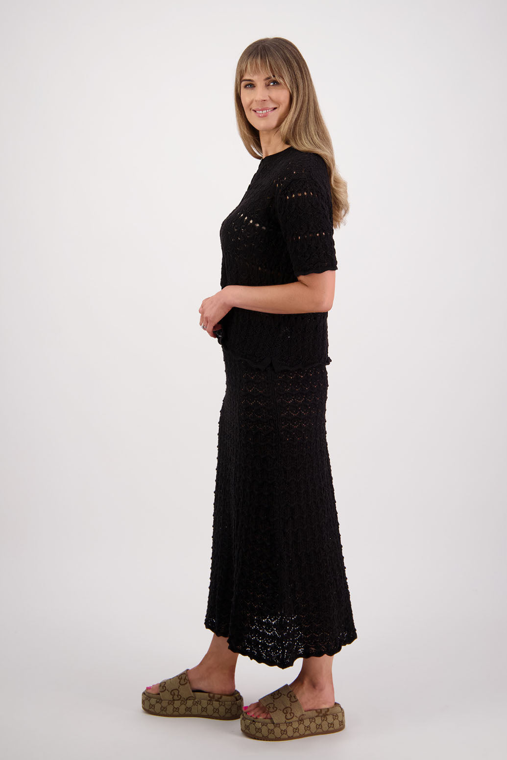 Womens cotton lace midi skirt. A Line with scalloped hem and elastic waist. Briarwood NZ. Pixie, Black