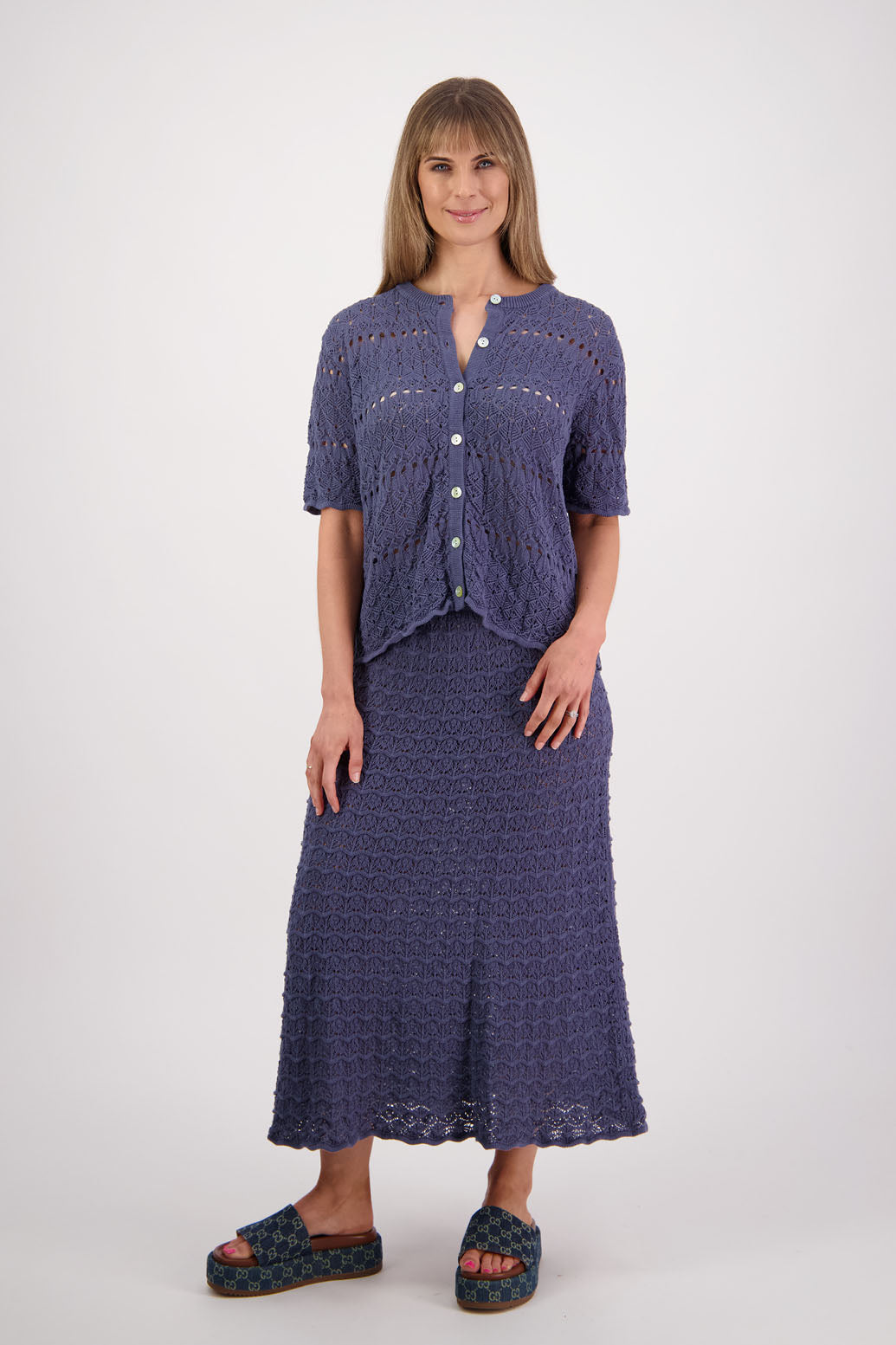 Womens cotton lace midi skirt. A Line with scalloped hem and elastic waist. Briarwood NZ. Pixie, Denim Blue