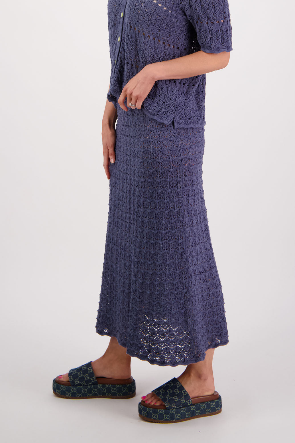 Womens cotton lace midi skirt. A Line with scalloped hem and elastic waist. Briarwood NZ. Pixie, Denim Blue