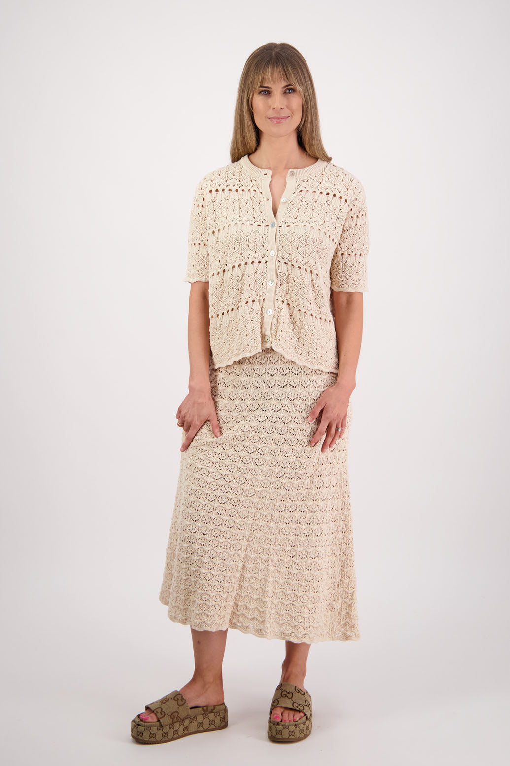 Womens cotton lace midi skirt. A Line with scalloped hem and elastic waist. Briarwood NZ. Pixie, Ivory