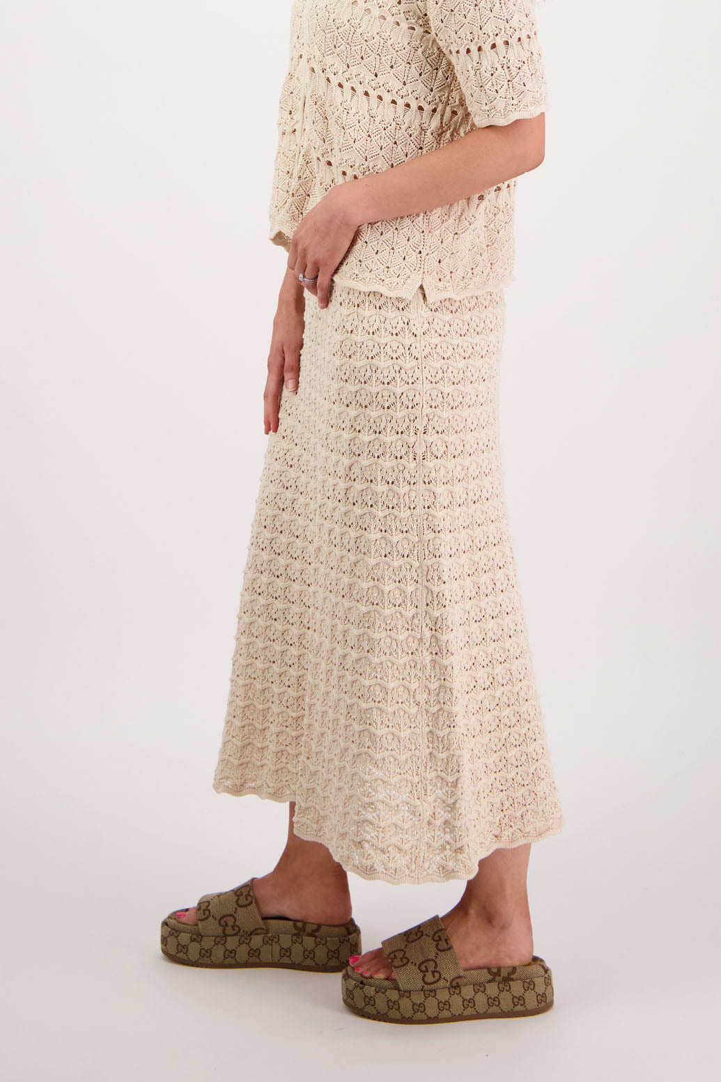 Womens cotton lace midi skirt. A Line with scalloped hem and elastic waist. Briarwood NZ. Pixie, Ivory