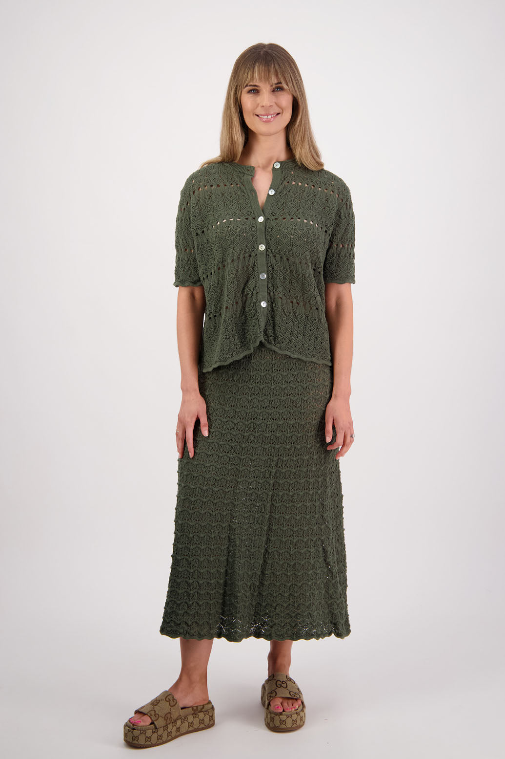 Womens cotton lace midi skirt. A Line with scalloped hem and elastic waist. Briarwood NZ. Pixie, Moss Green
