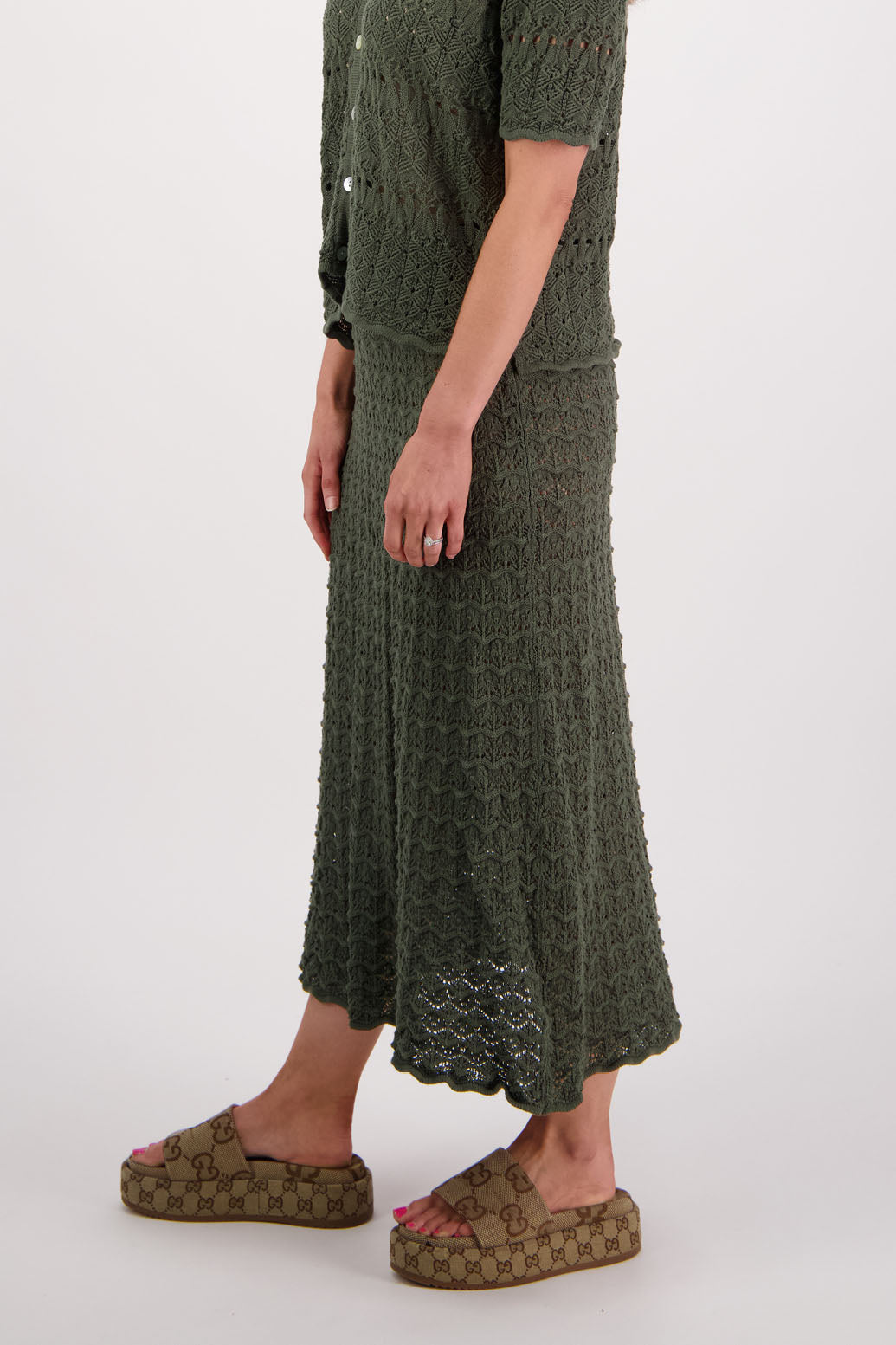 Womens cotton lace midi skirt. A Line with scalloped hem and elastic waist. Briarwood NZ. Pixie, Moss Green