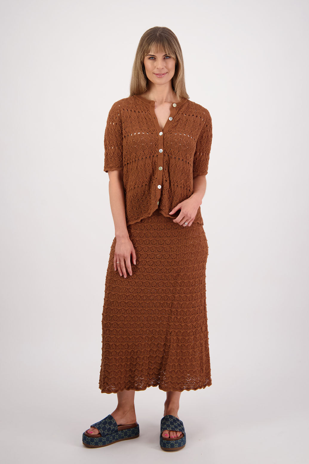 Womens cotton lace midi skirt. A Line with scalloped hem and elastic waist. Briarwood NZ. Pixie, Tan