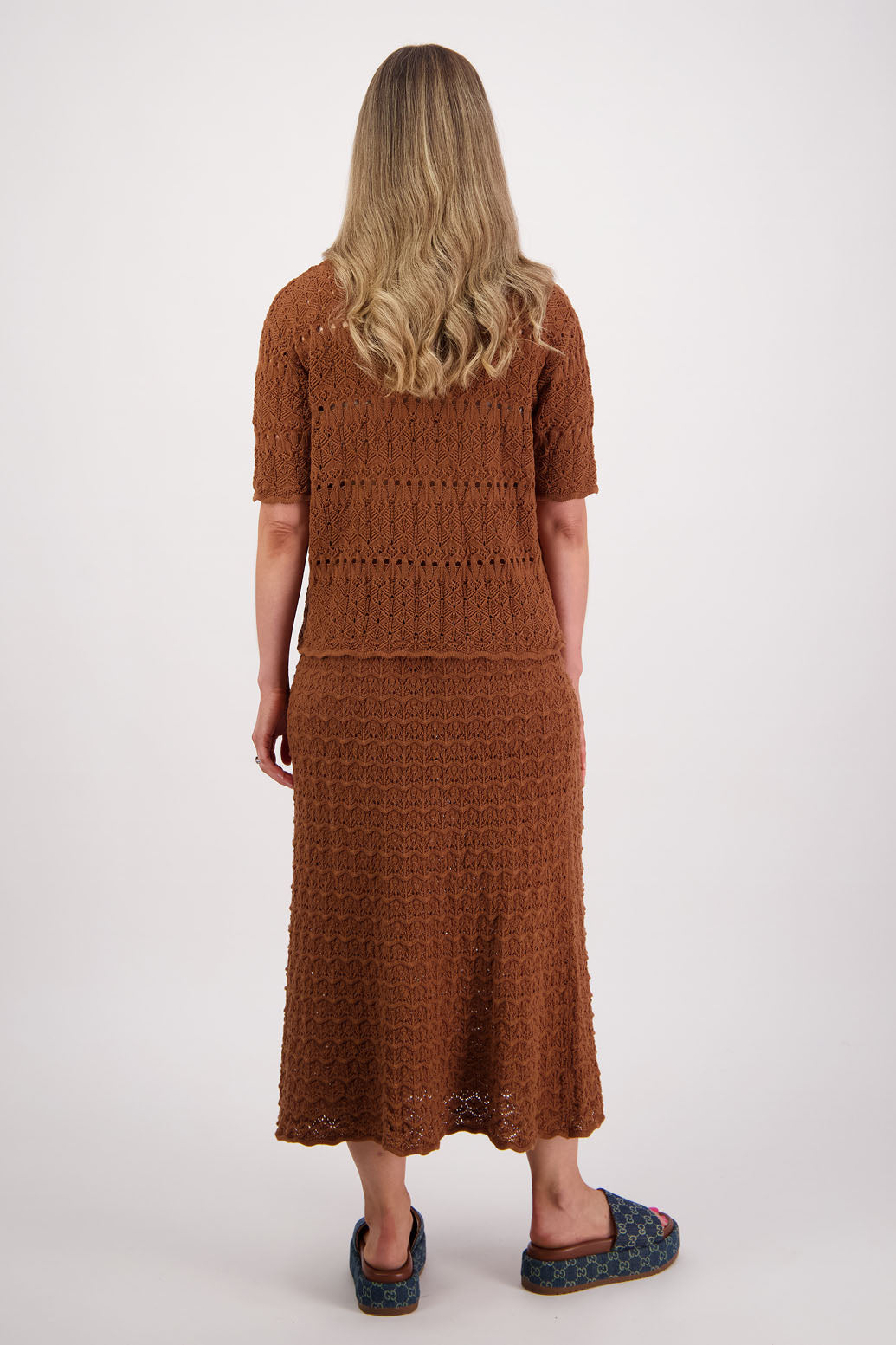 Womens cotton lace midi skirt. A Line with scalloped hem and elastic waist. Briarwood NZ. Pixie, Tan
