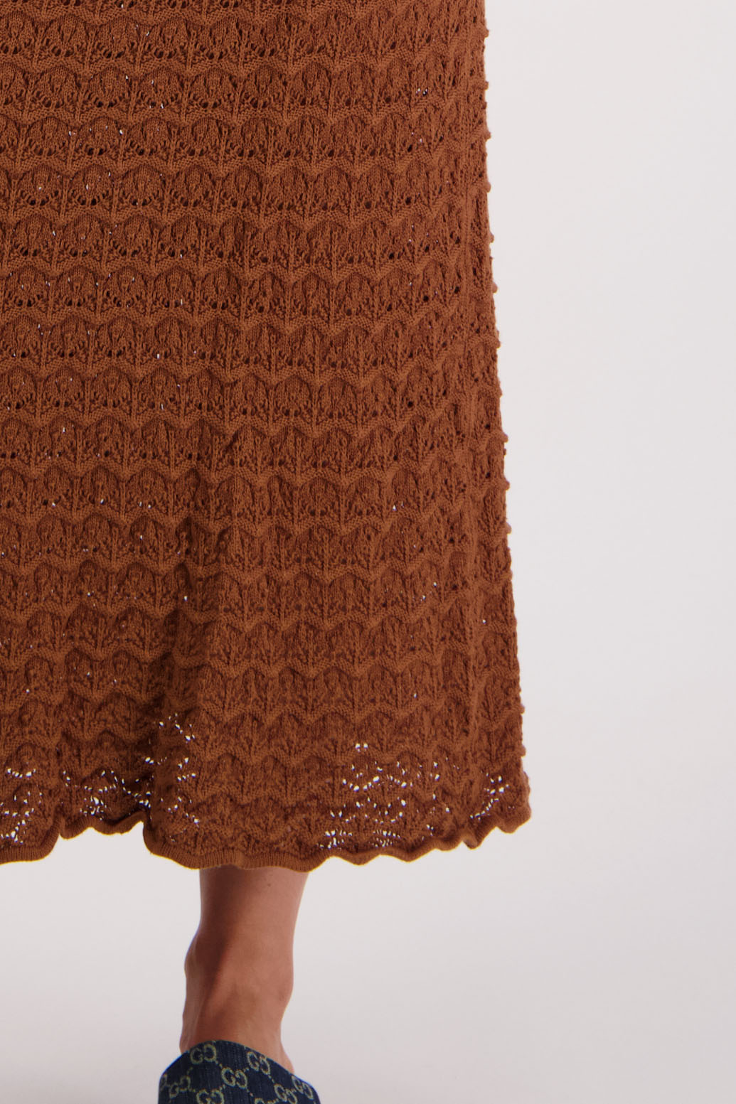 Womens cotton lace midi skirt. A Line with scalloped hem and elastic waist. Briarwood NZ. Pixie, Tan