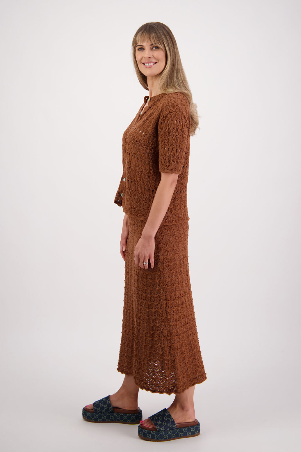 Womens cotton lace midi skirt. A Line with scalloped hem and elastic waist. Briarwood NZ. Pixie, Tan