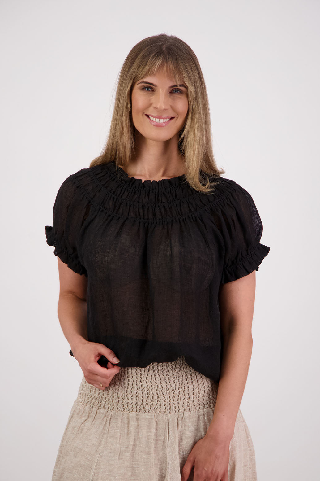 Womens short sleeve linen top with shirred neck and ruffle sleeve. Briarwood NZ. Polly, Black