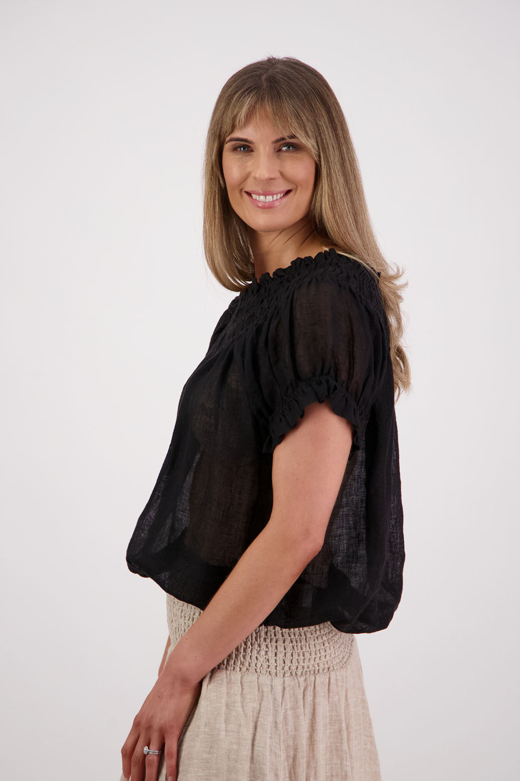 Womens short sleeve linen top with shirred neck and ruffle sleeve. Briarwood NZ. Polly, Black