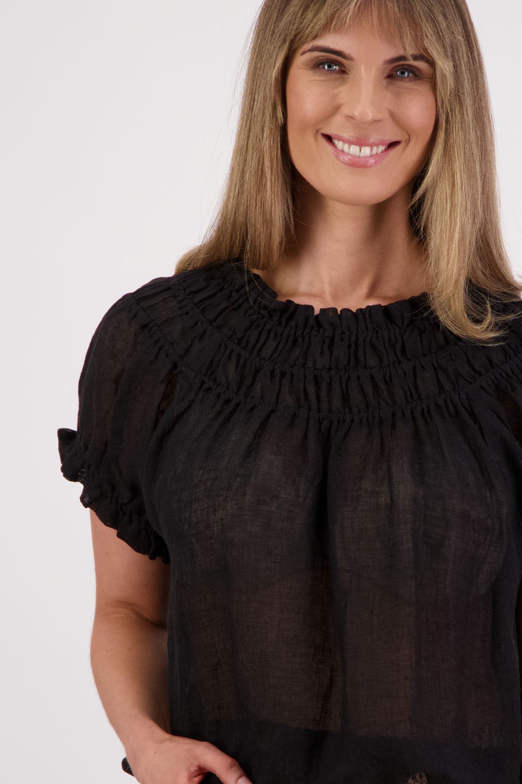 Womens short sleeve linen top with shirred neck and ruffle sleeve. Briarwood NZ. Polly, Black