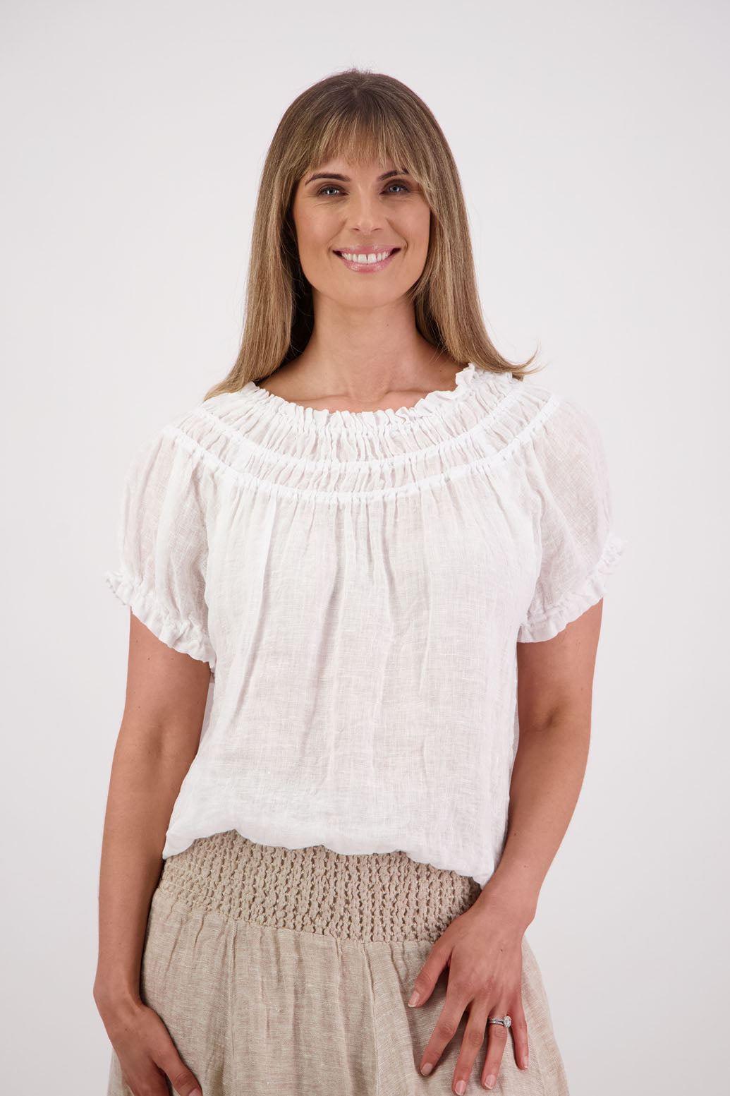 Womens short sleeve linen top with shirred neck and ruffle sleeve. Briarwood NZ. Polly, White