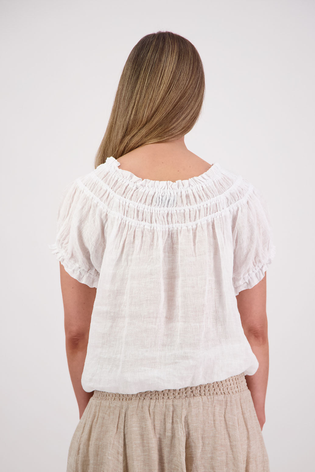 Womens short sleeve linen top with shirred neck and ruffle sleeve. Briarwood NZ. Polly, White