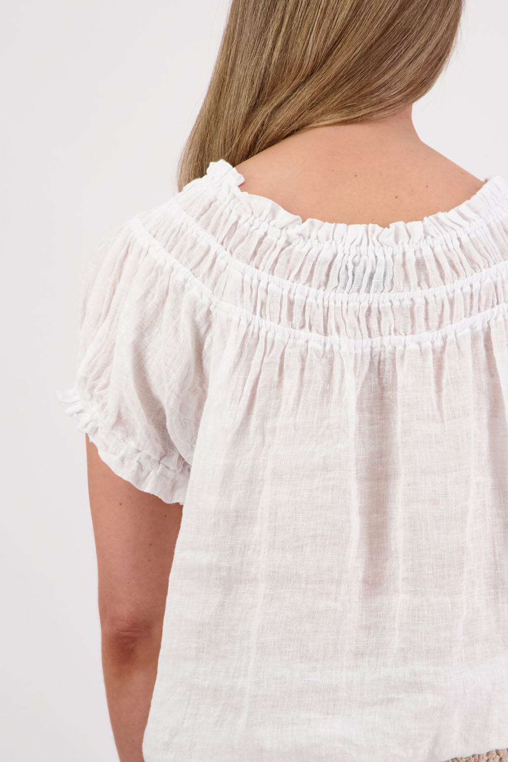 Womens short sleeve linen top with shirred neck and ruffle sleeve. Briarwood NZ. Polly, White