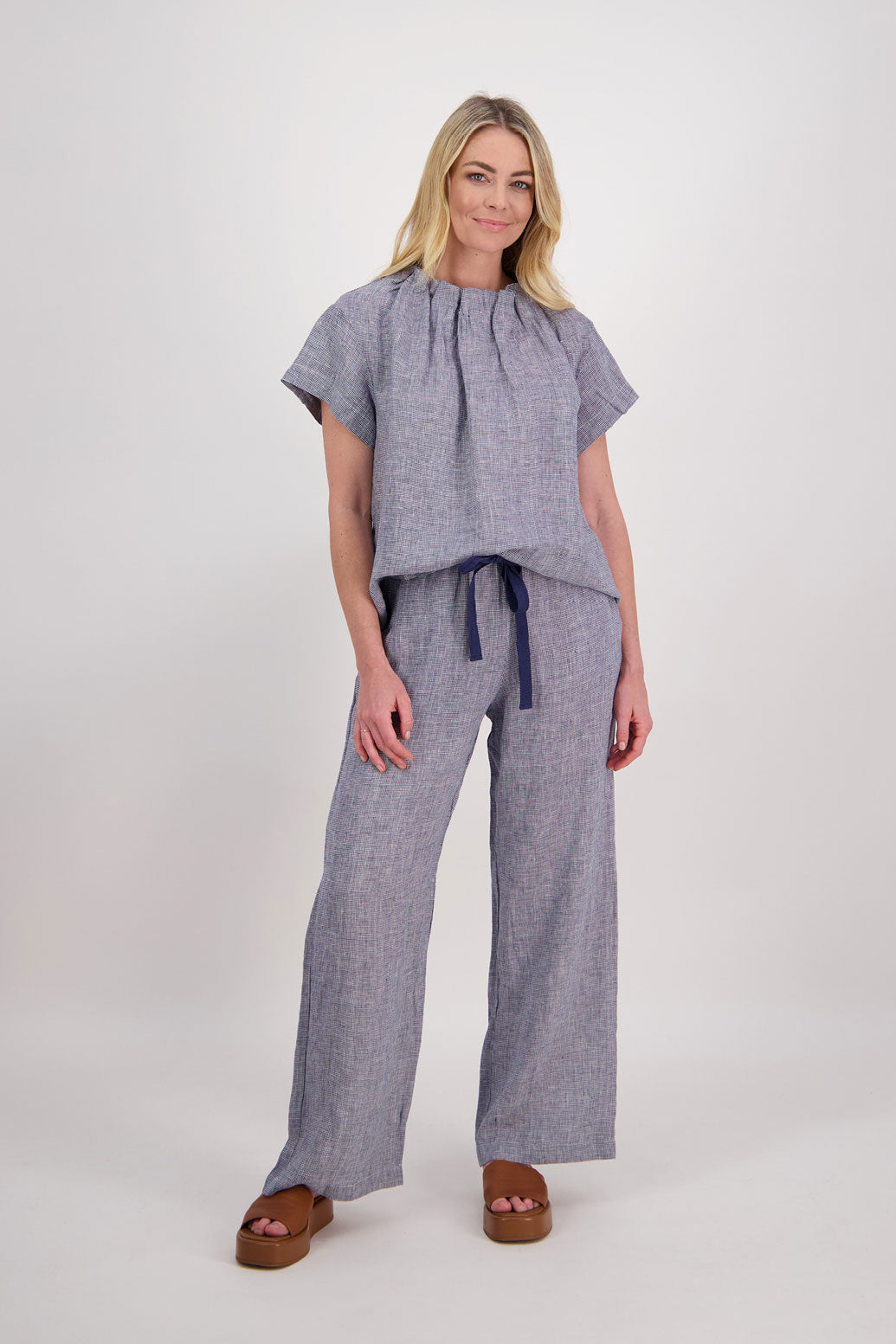 Portia Wide Leg Linen Pant - Ink Houndstooth