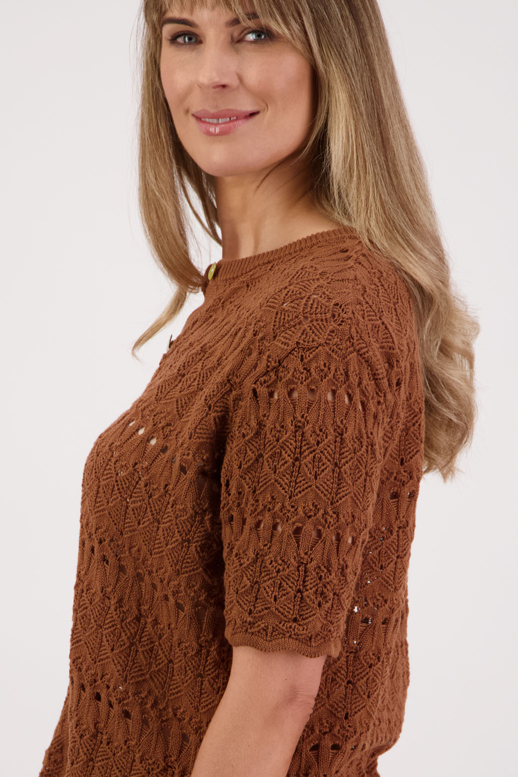 Womens knitted cotton lace short sleeve cardigan with shaped hem and scalloped edging. Briarwood NZ. Posy, Tan