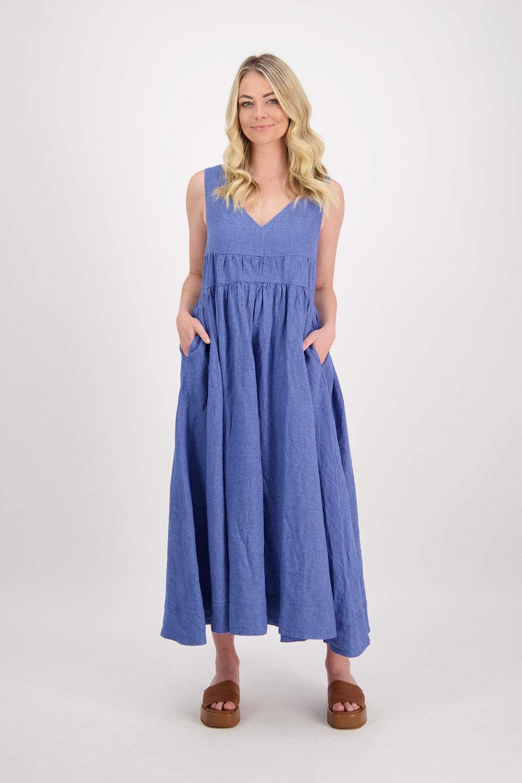 Powell Linen V Neck Maxi Dress - Bright Blue Houndstooth