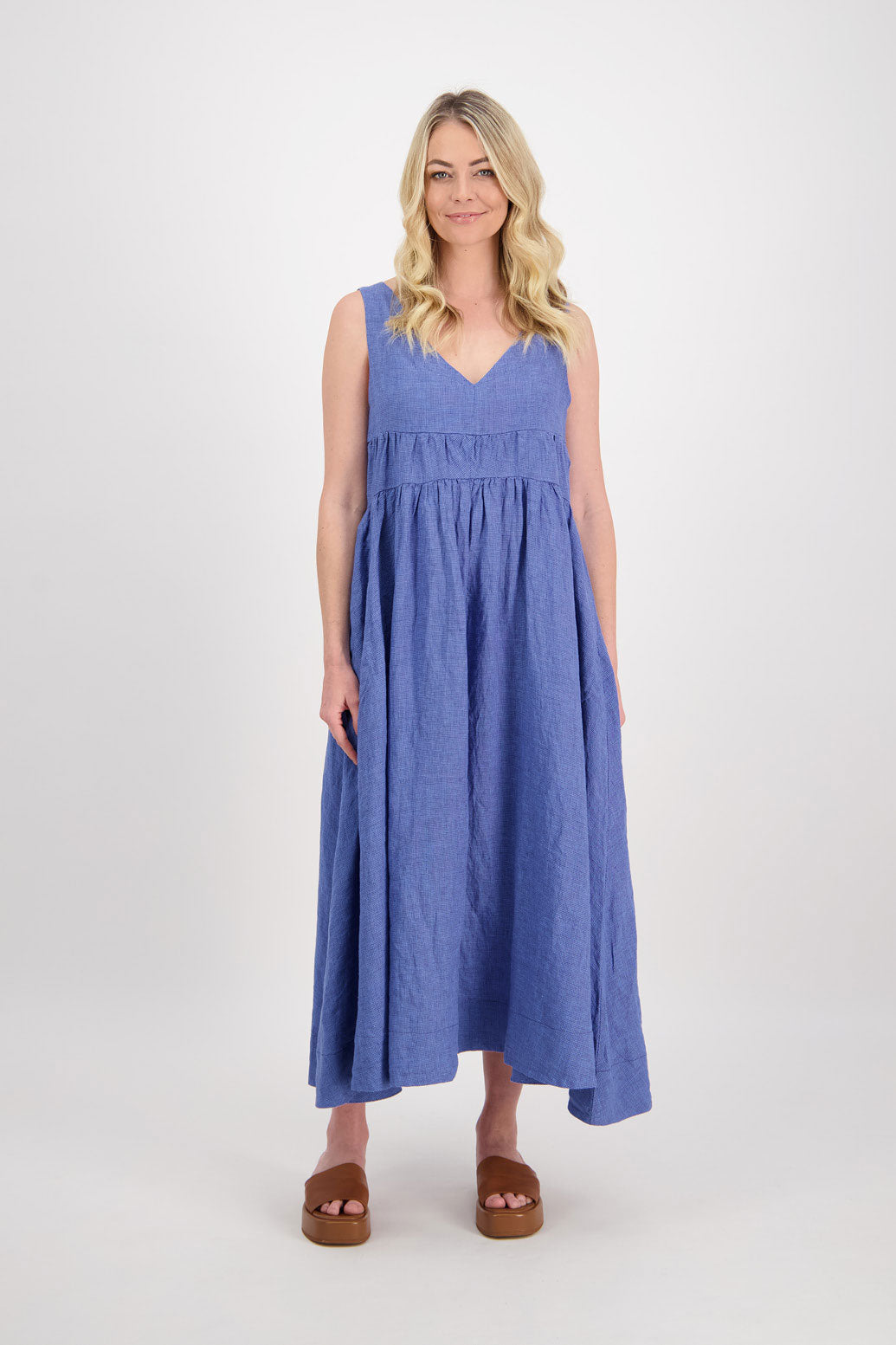 Powell Linen V Neck Maxi Dress - Bright Blue Houndstooth