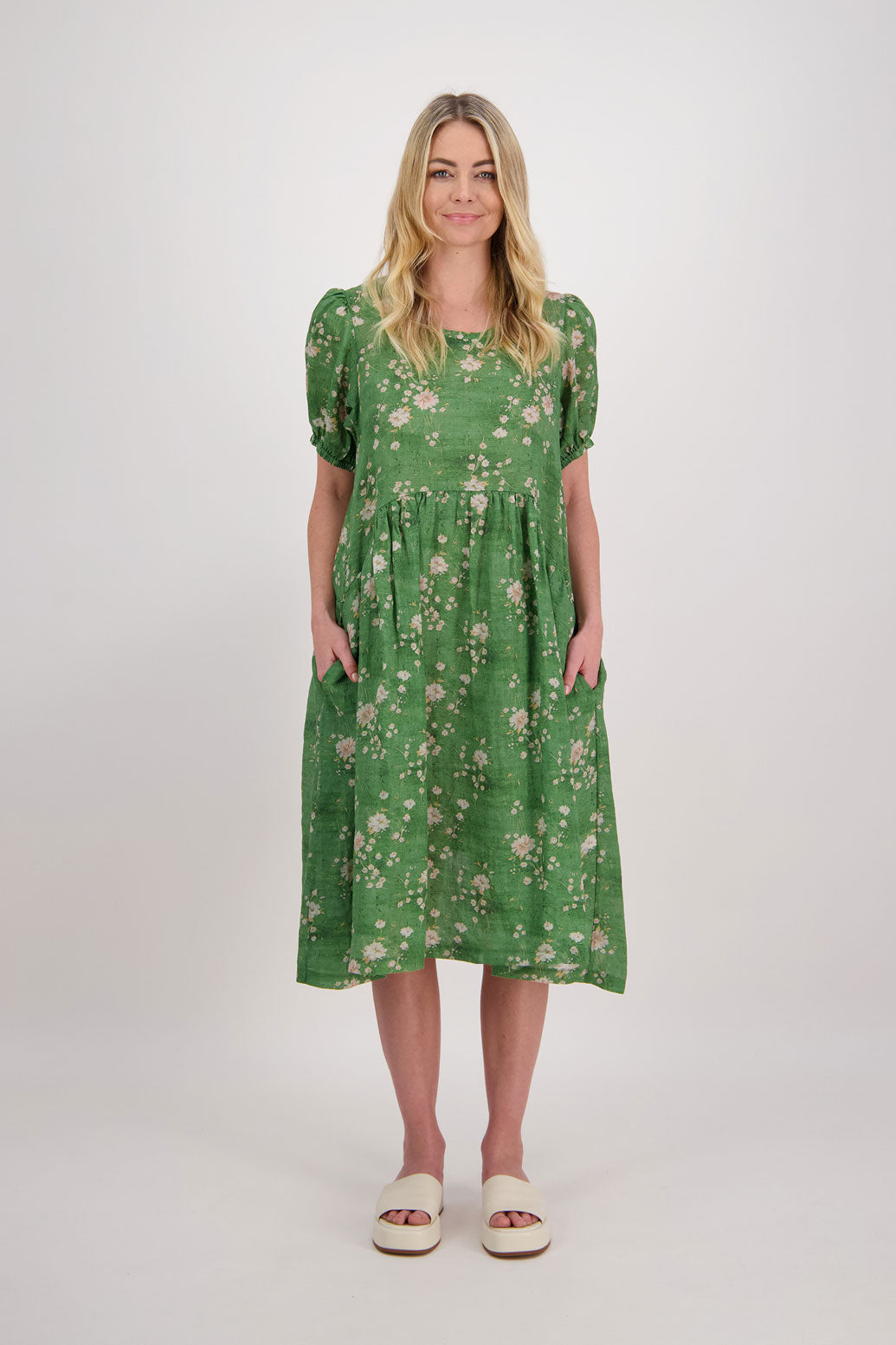 Prissy Knee Length Ramie Dress with Pockets - Green Floral