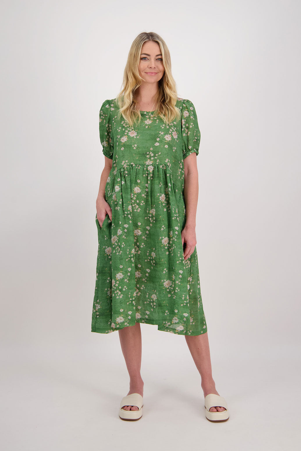 Prissy Knee Length Ramie Dress with Pockets - Green Floral