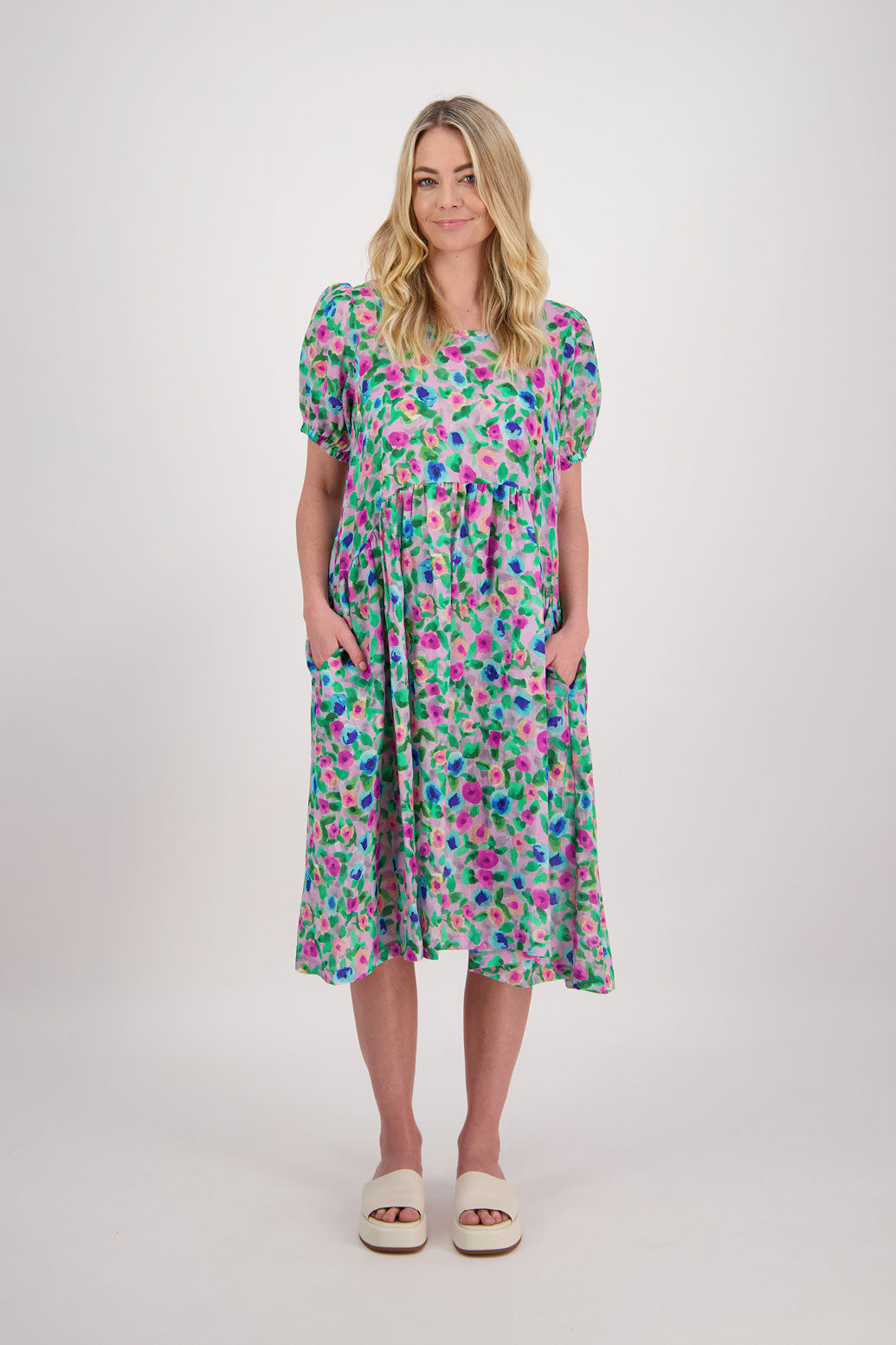 Prissy Knee Length Ramie Dress with Pockets - lilac Floral