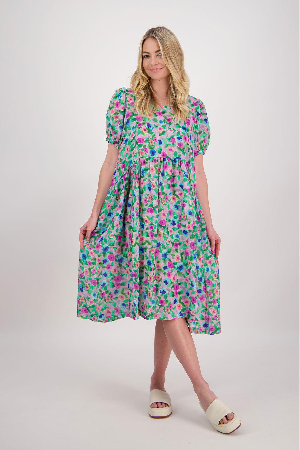 Prissy Knee Length Ramie Dress with Pockets - lilac Floral