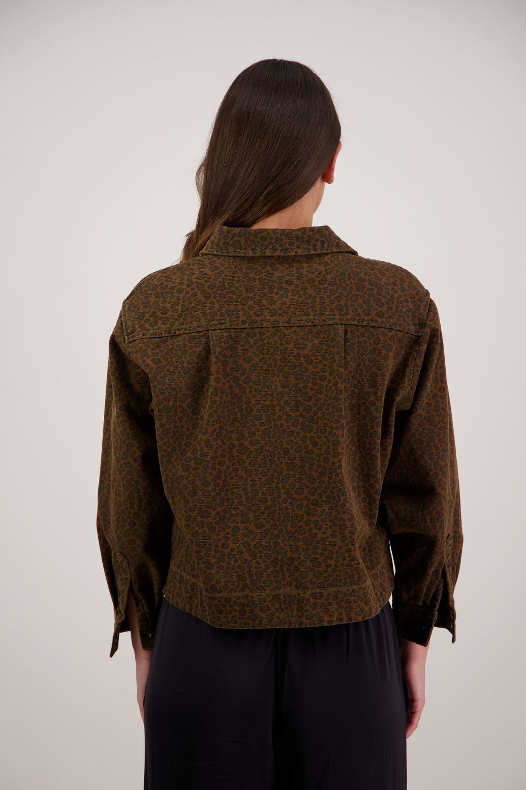 Raff Denim Jacket in Tan Animal by Briarwood NZ. 100% cotton denim jacket style, pleats in back, dome closure, front pockets, collar