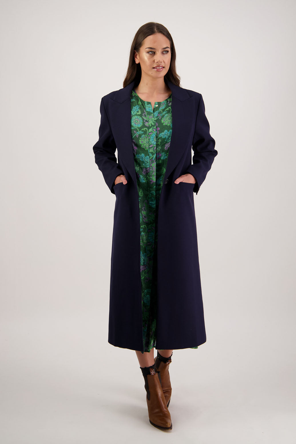 Ramsay Coat in Ink by Briarwood NZ. A  blend of rayon, polyester and spandex tuxedo style coat with single button closure, flap pockets and high back split