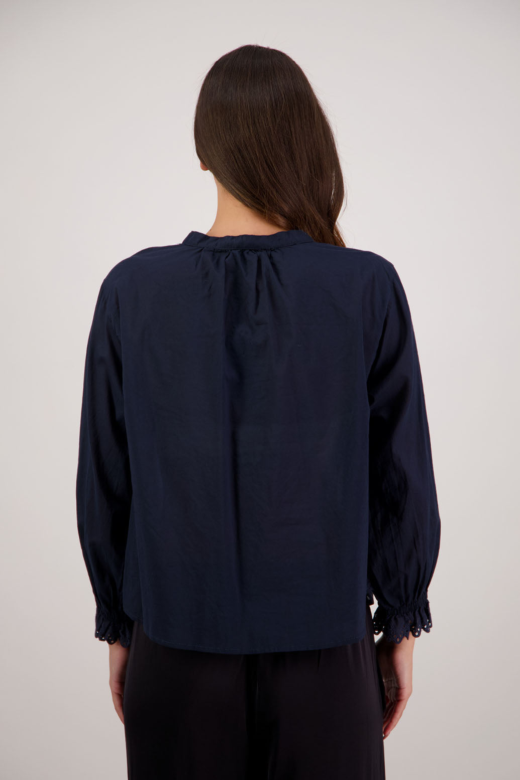 Briarwood NZ. Ink/Dark Blue Long sleeve shirt with 4cm lace trim sleeve.