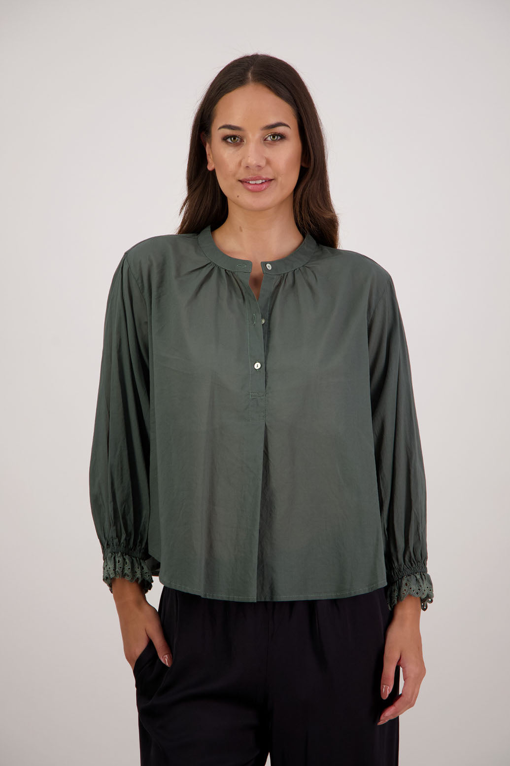 Briarwood NZ. Pine Long sleeve shirt with 4cm embroidery sleeve.