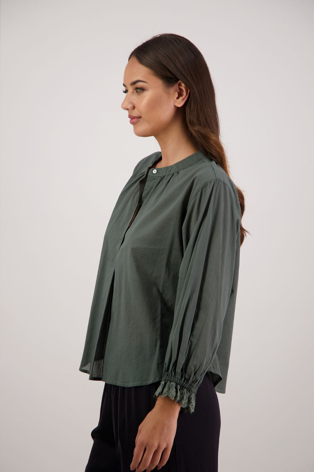 Briarwood NZ. Pine Long sleeve shirt with 4cm embroidery sleeve.