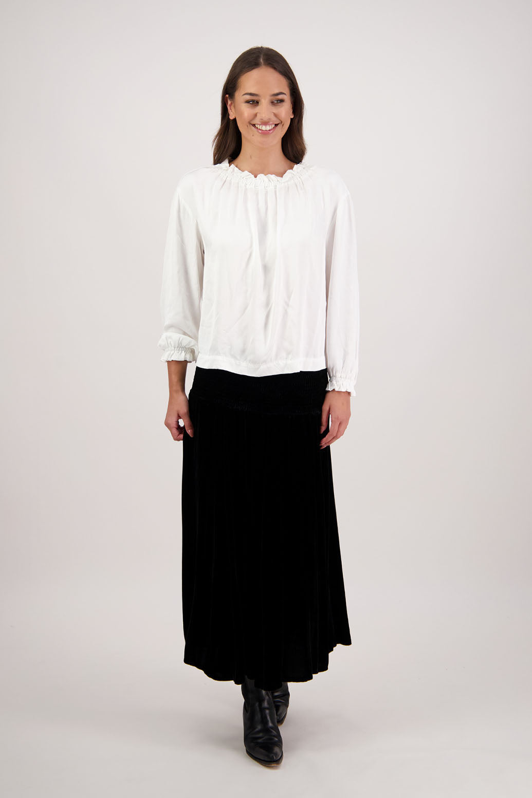 Rebecca Skirt in Black Velvet by Briarwood NZ. A  18% Silk, 82% Rayon Velvet Skirt with shirred waist, gored panel skirt