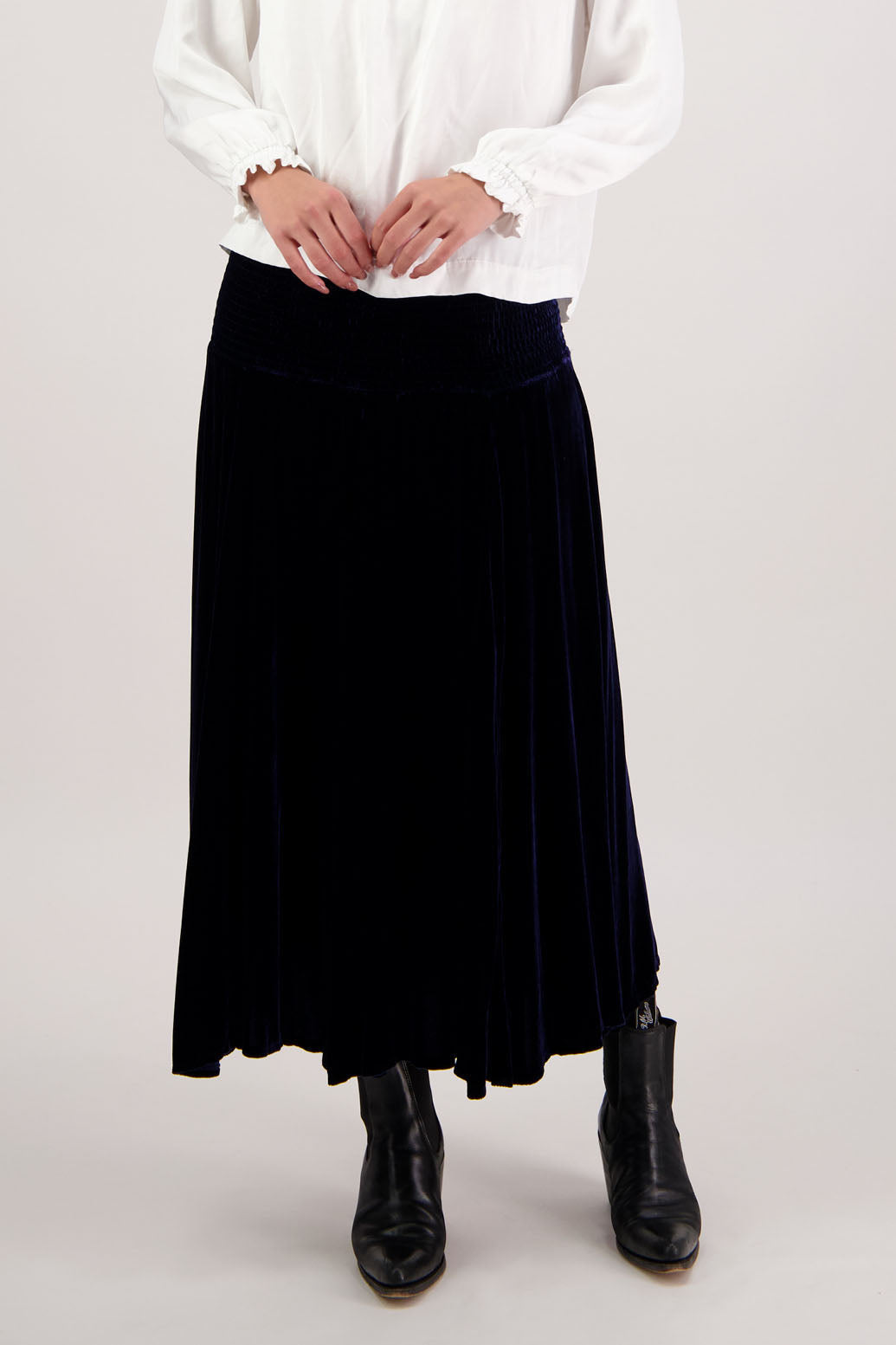 Rebecca Skirt in Ink Velvet by Briarwood NZ. A  18% Silk, 82% Rayon Velvet Skirt with shirred waist, gored panel skirt