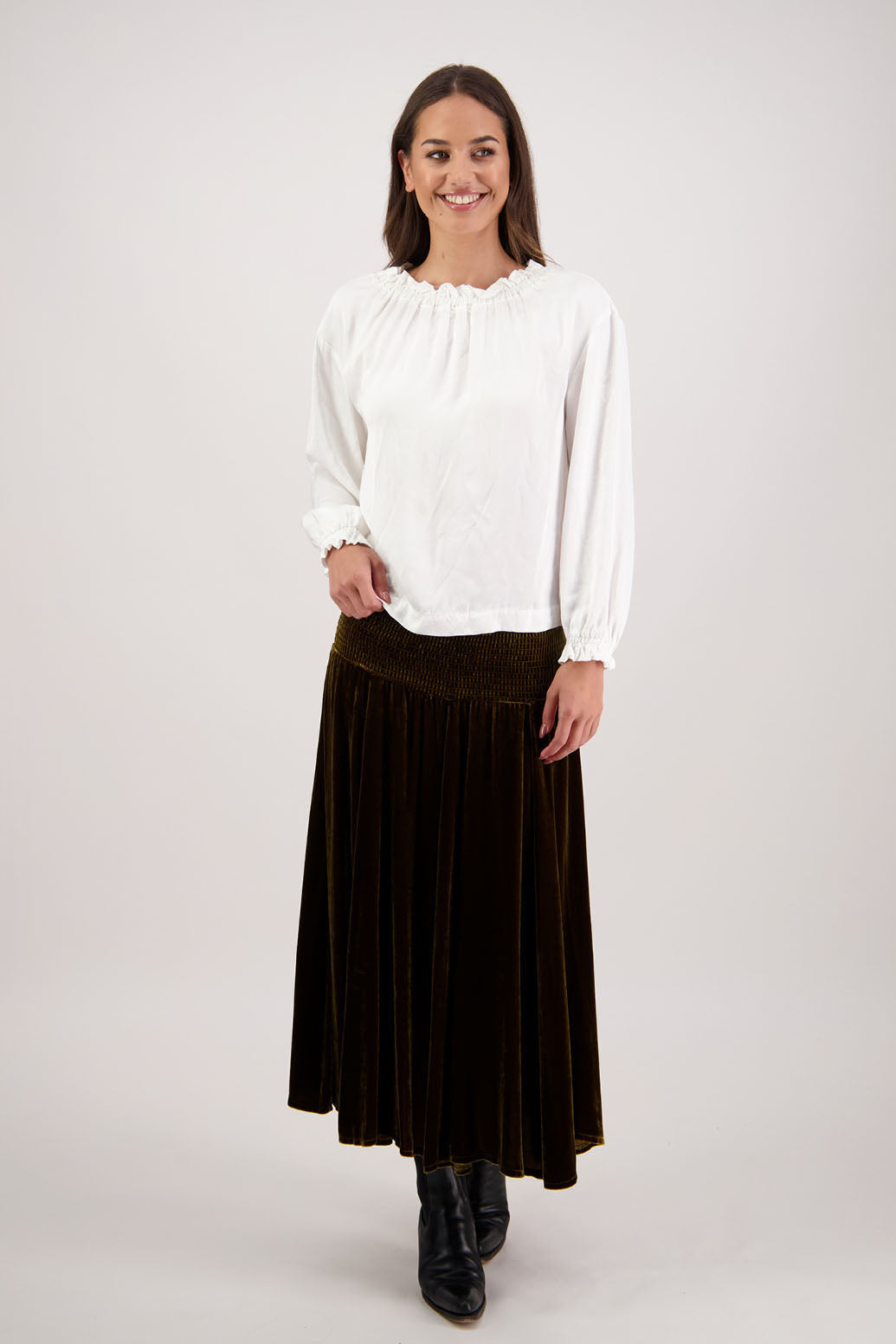 Rebecca Skirt in Tan Velvet by Briarwood NZ. A  18% Silk, 82% Rayon Velvet Skirt with shirred waist, gored panel skirt