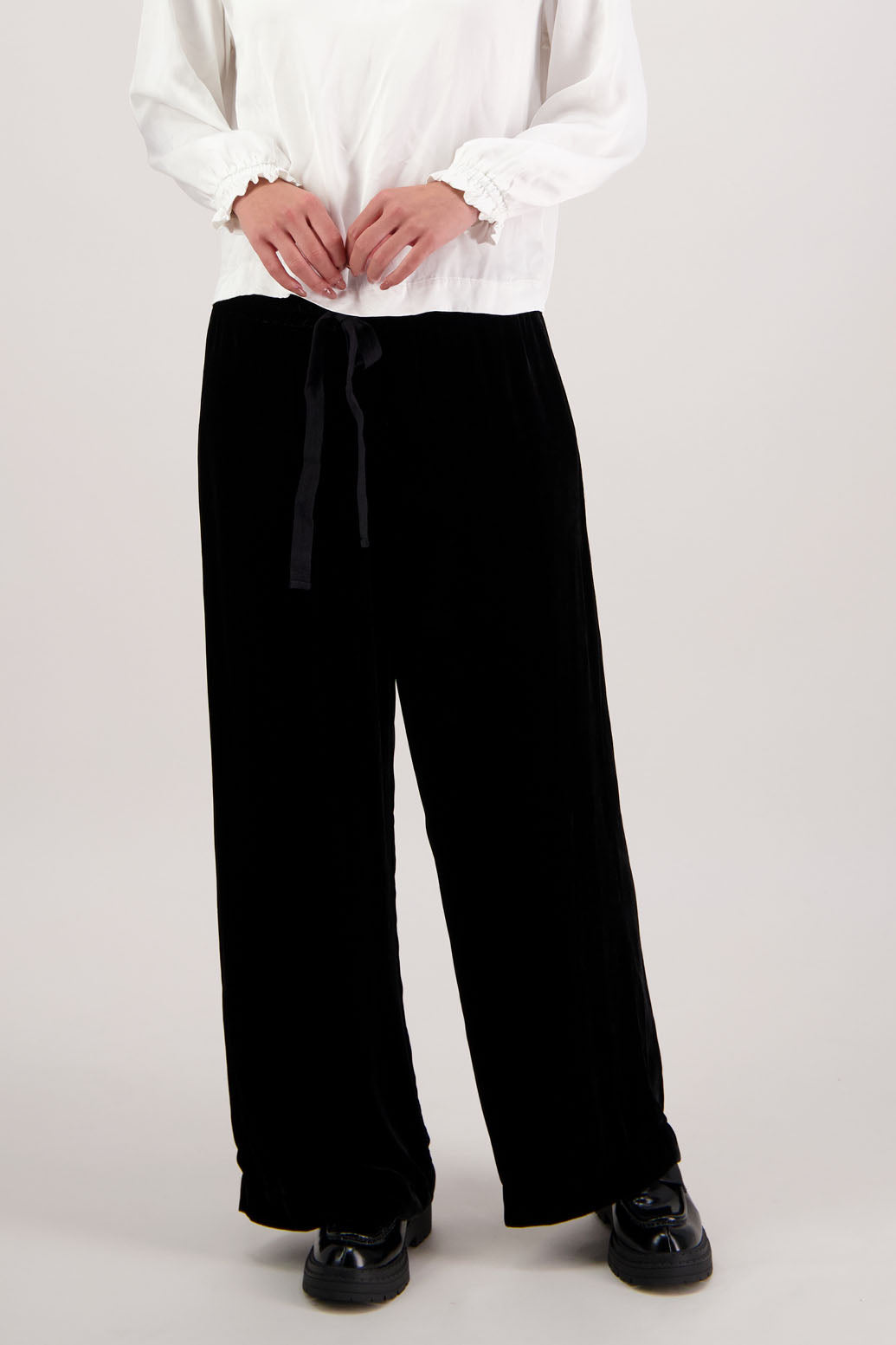 Reggie Pant in Black Velvet by Briarwood NZ. A  18% Silk, 82% Rayon Velvet Pant with straight leg, elasticated waist with tie and pockets