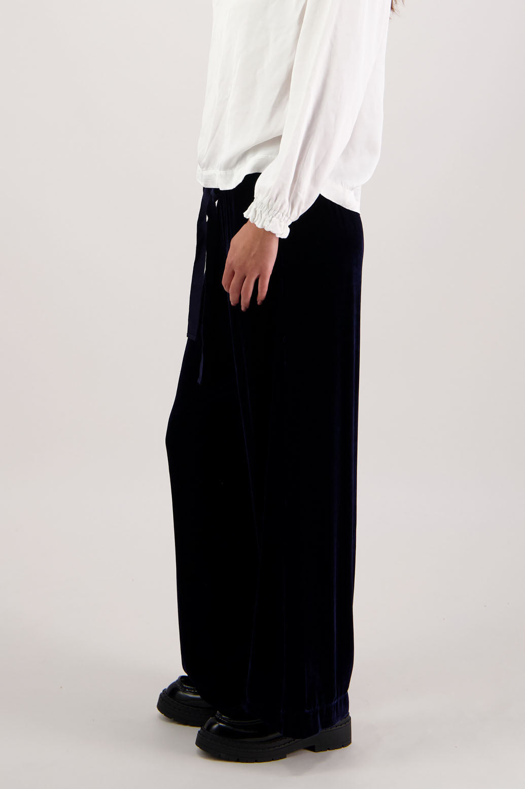 Reggie Pant in Ink Velvet by Briarwood NZ. A  18% Silk, 82% Rayon Velvet Pant with straight leg, elasticated waist with tie and pockets