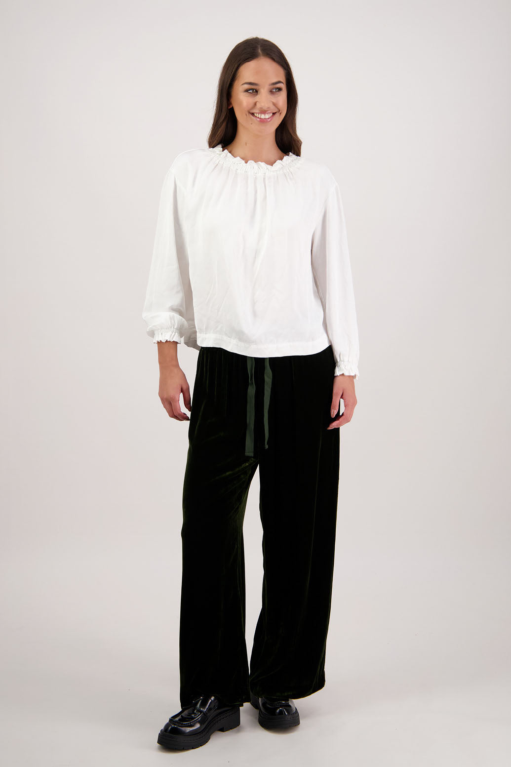 Reggie Pant in Khaki Velvet by Briarwood NZ. A  18% Silk, 82% Rayon Velvet Pant with straight leg, elasticated waist with tie and pockets