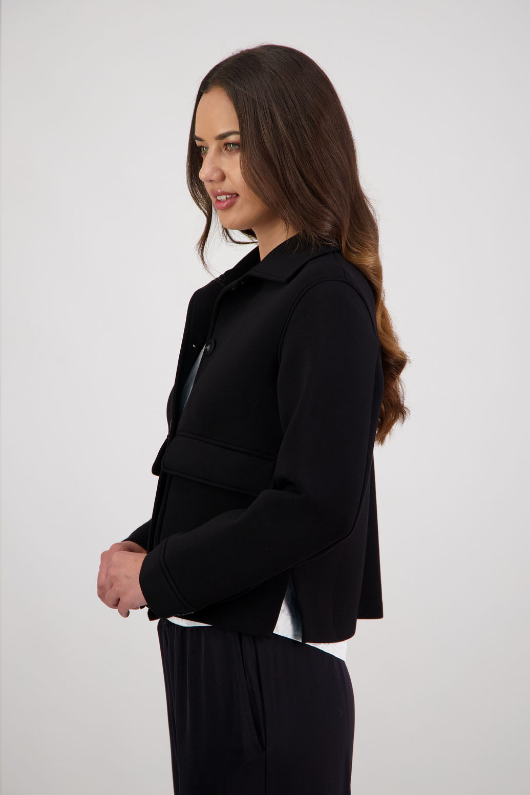 Rex Jacket in Black Ponte by Briarwood NZ. A  100% Ponte Jacket with full length sleeves, button closure, collar and stitched on pockets