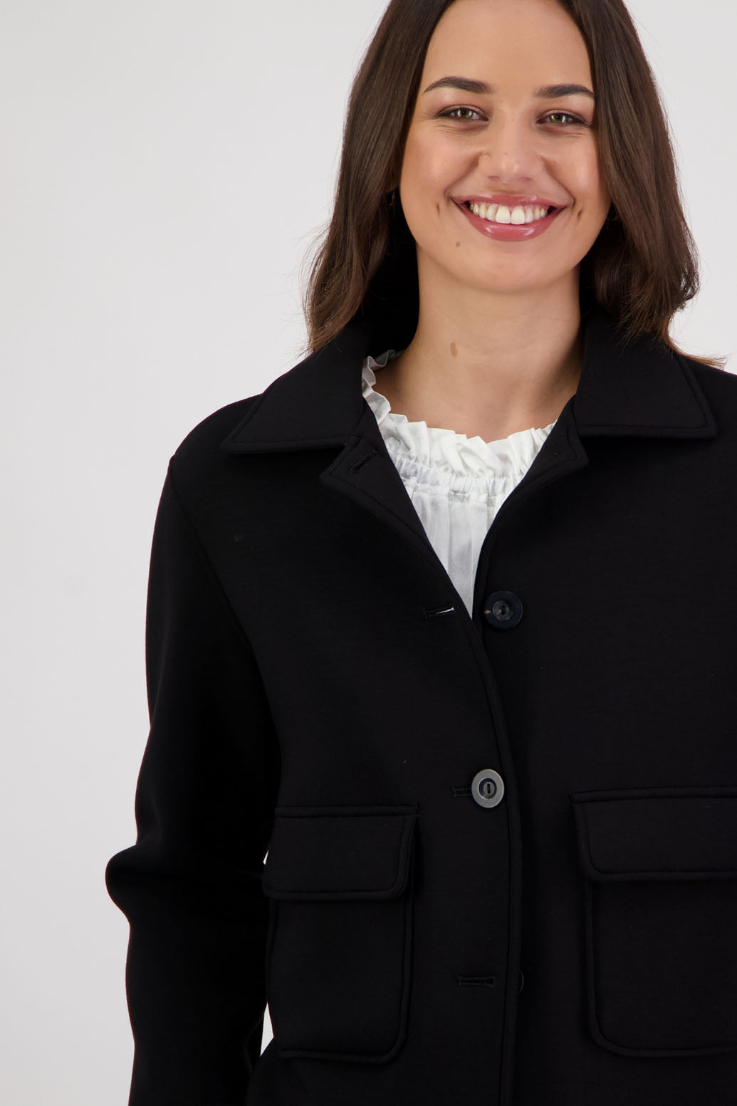 Rex Jacket in Black Ponte by Briarwood NZ. A  100% Ponte Jacket with full length sleeves, button closure, collar and stitched on pockets