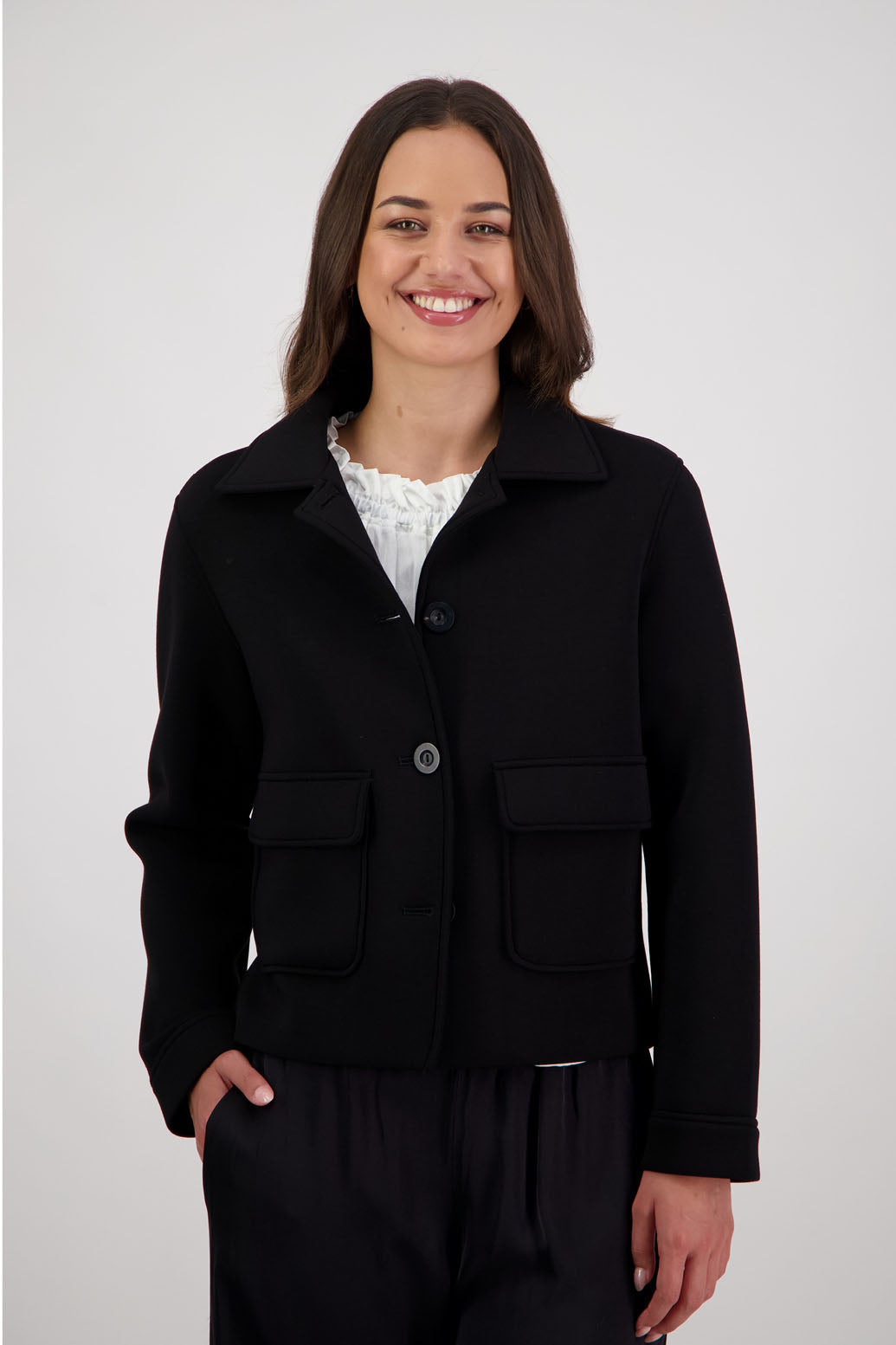 Rex Jacket in Black Ponte by Briarwood NZ. A  100% Ponte Jacket with full length sleeves, button closure, collar and stitched on pockets